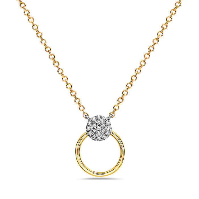 14K Yellow Gold Circle Pendant Necklace with Pave Diamond Disc