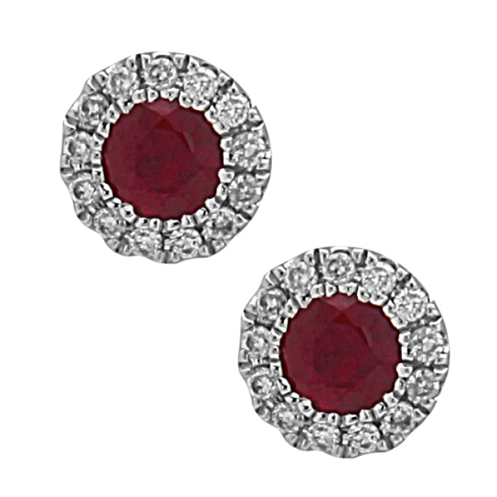 14k White Gold Round Halo Ruby Earrings