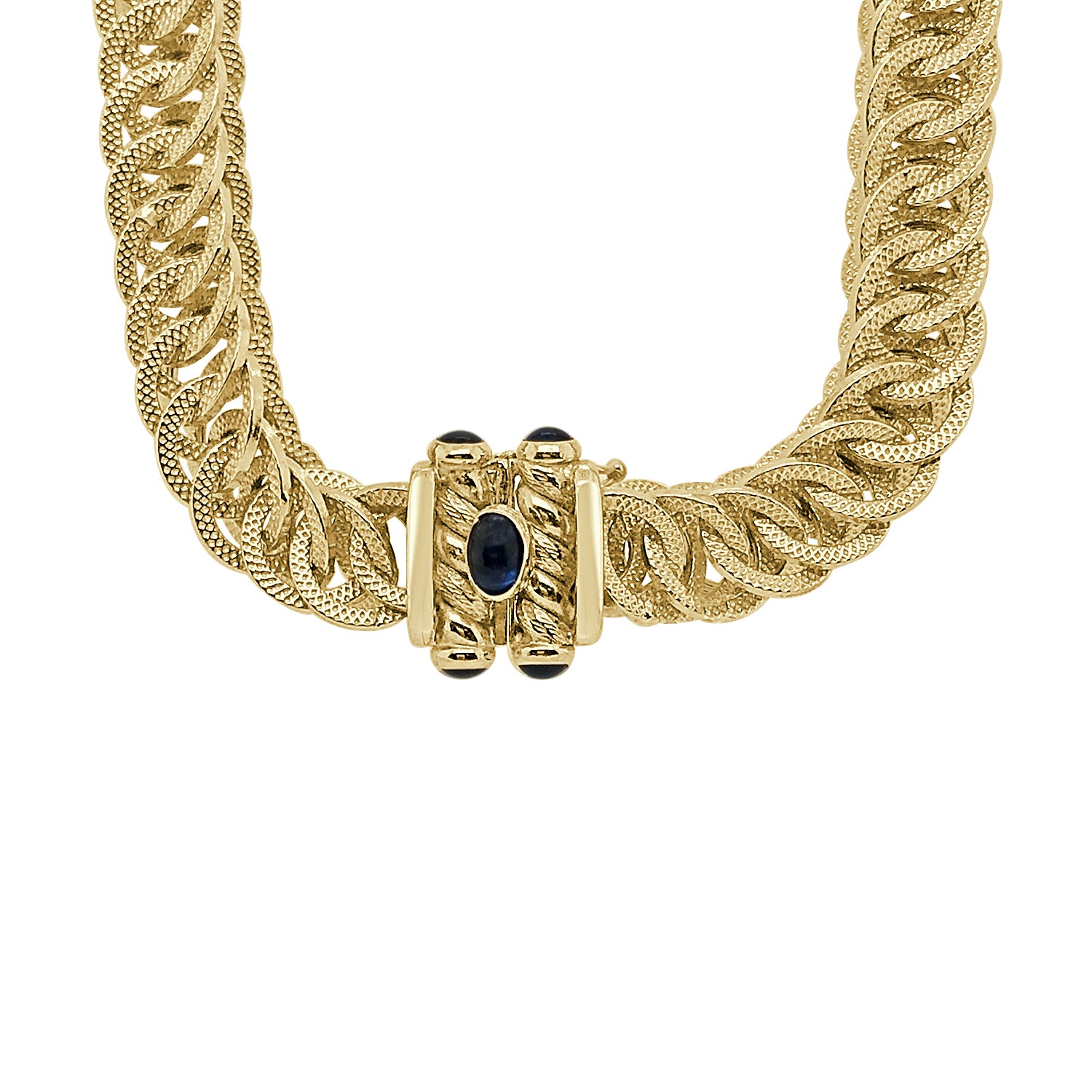 18K Yellow Gold Interwoven Links Chain Bracelet with Blue Sapphire Clasp