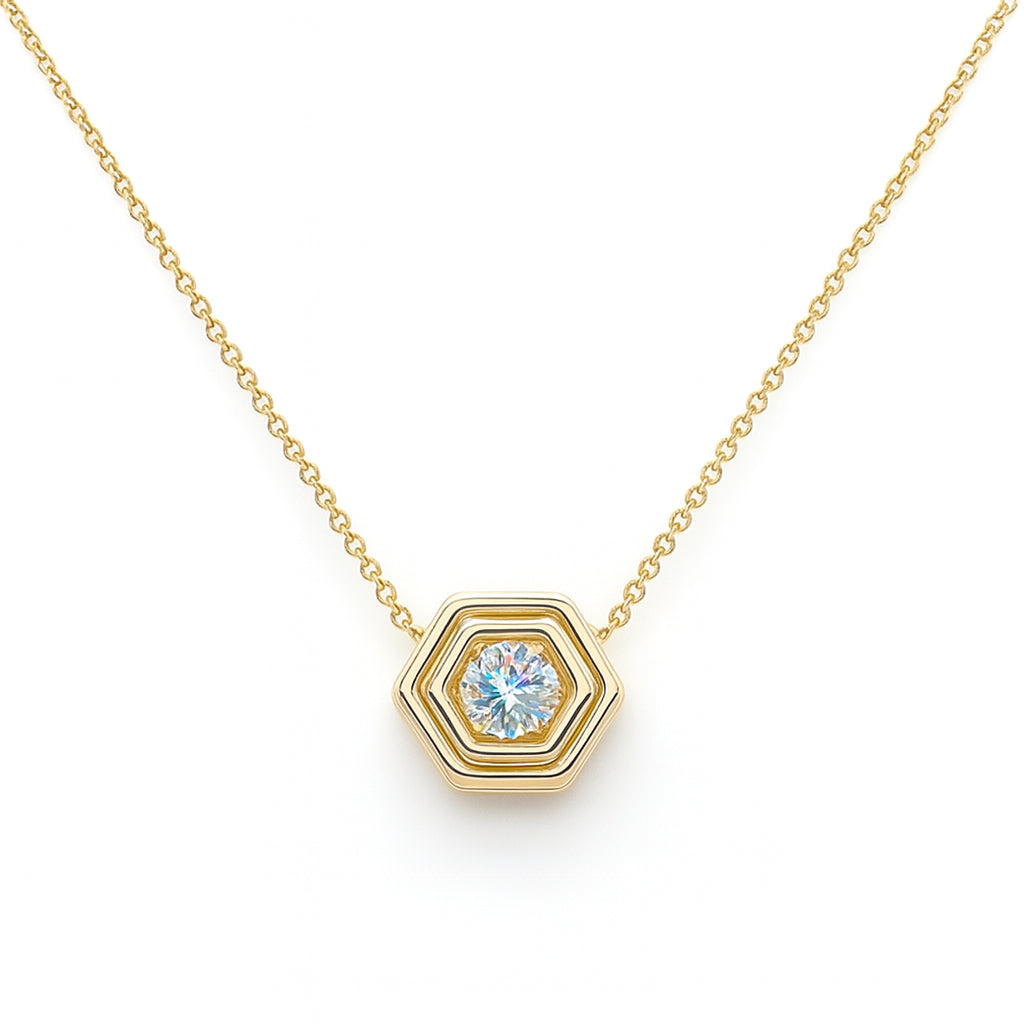 14 Karat Yellow Gold Hexagon Slider Necklace with Natural Diamond, Round Shape 0.27 ct