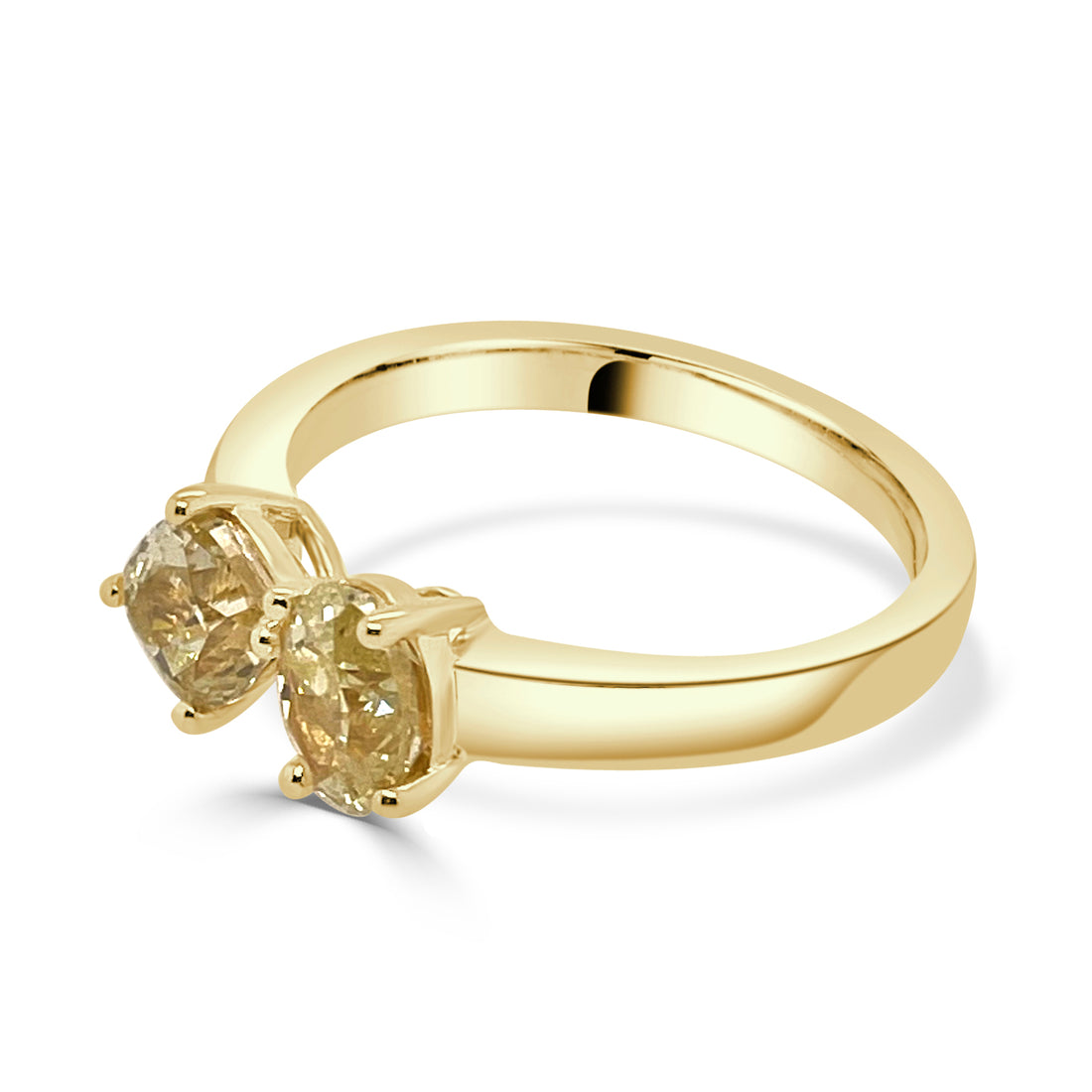 18K Yellow Gold Two Stone Oval and Cushion Ring with 1.42 Carat Yellow Diamond