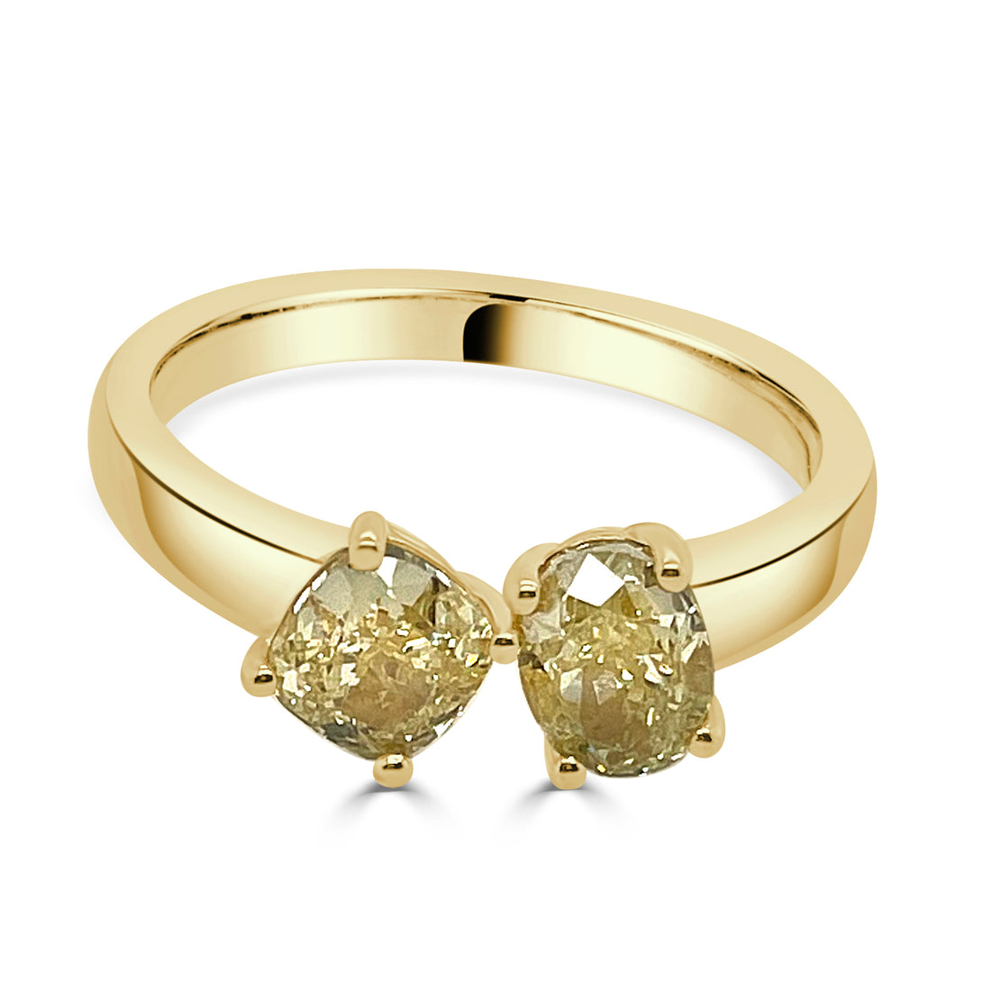 18K Yellow Gold Two Stone Oval and Cushion Ring with 1.42 Carat Yellow Diamond