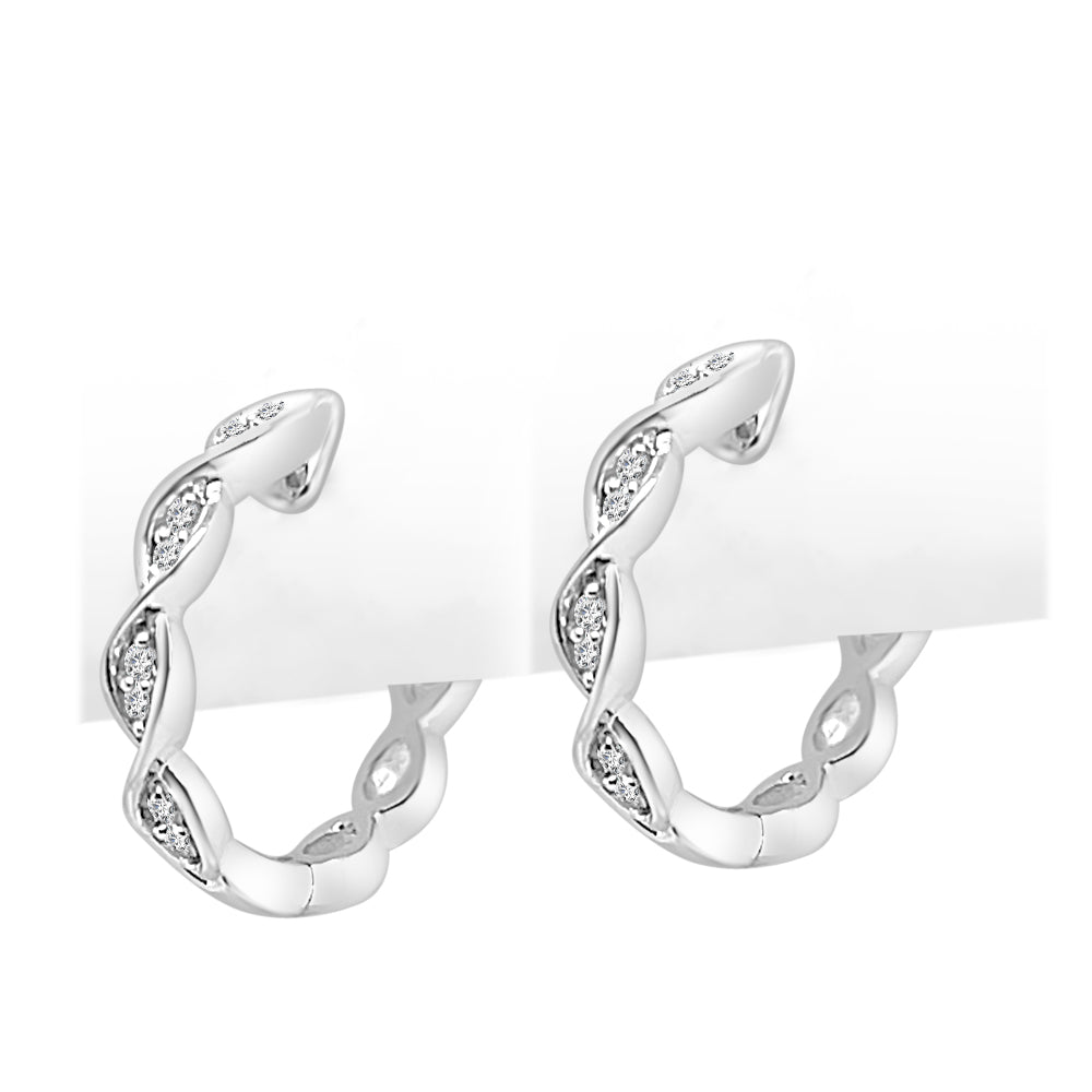 Scalloped Huggie Earrings in 10 Karat White Gold with Natural Diamond - Round Shape, 0.10 Carat