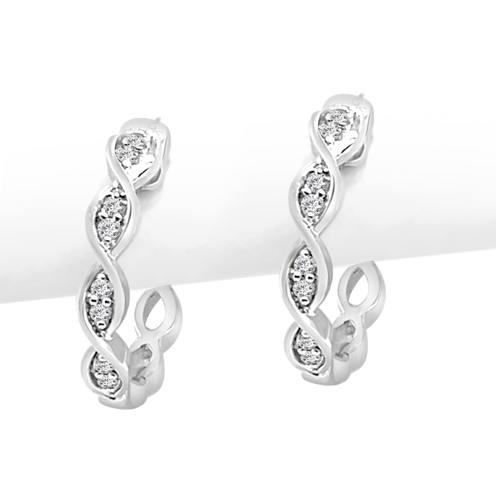 Scalloped Huggie Earrings in 10 Karat White Gold with Natural Diamond - Round Shape, 0.10 Carat