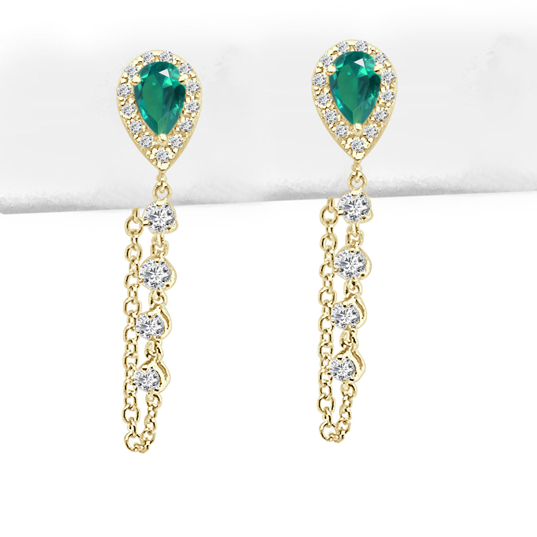 Exquisite 14 Karat Yellow Gold Pear-Shaped Emerald and Diamond Earrings