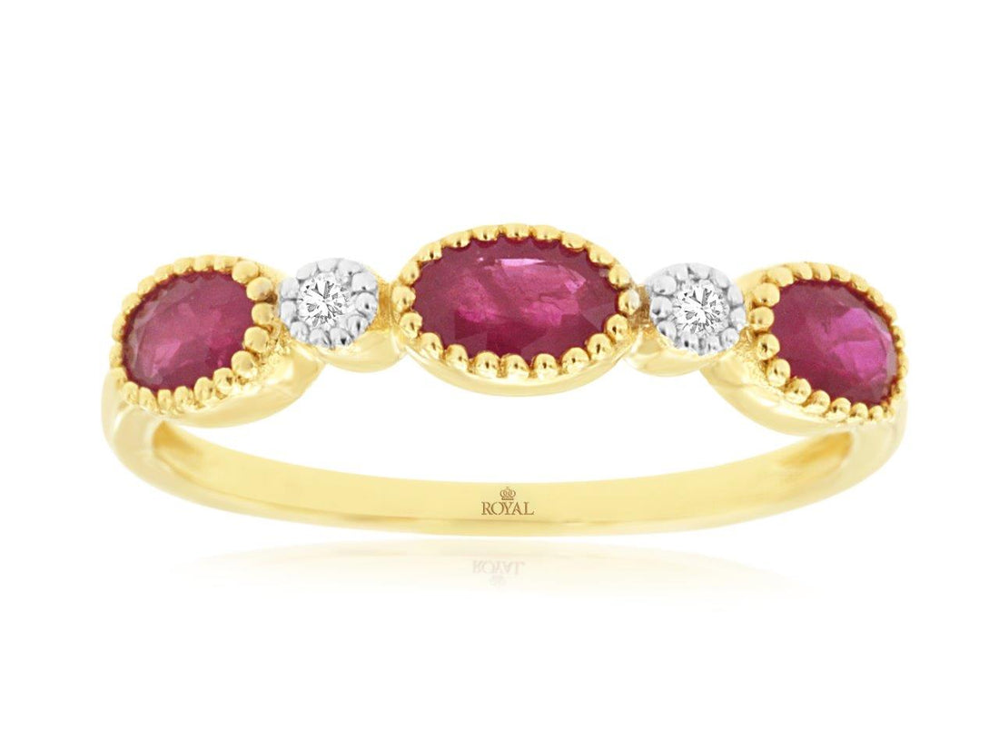 14K Yellow Gold Ladies Oval Ruby Ring with Beaded Bezel and Natural Diamond Accents