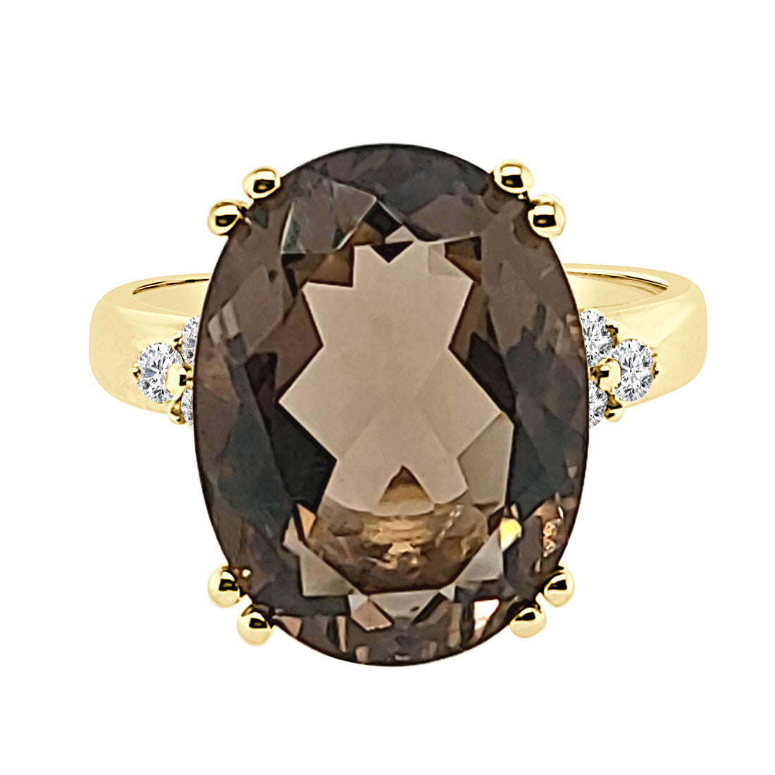 14 Karat Yellow Gold Smokey Topaz Oval Ring - 12.00 Carat Sparkle