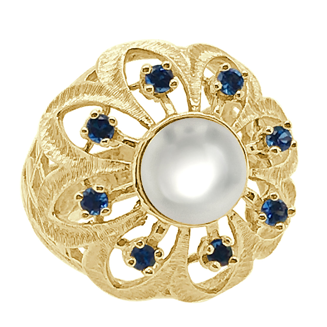 14 Karat Yellow Gold Blue Stone Halo Vintage Ring with Pearl Accent