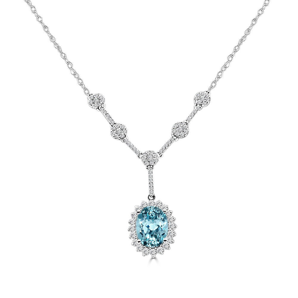 Sparkling Waters: 14K White Gold Diamond and Aquamarine Oval Necklace (1.70 ct)