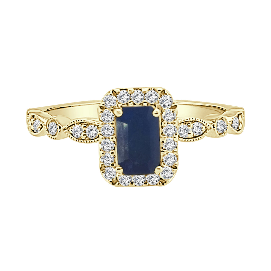 14K Yellow Gold Emerald Halo Ring with Scallop Band and Blue Sapphire Accent (0.70 carat)