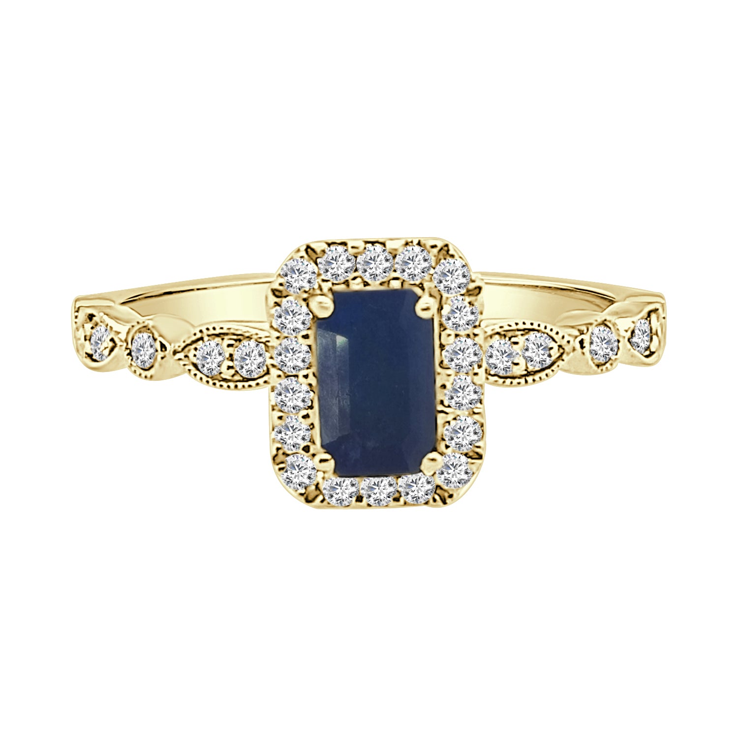 14K Yellow Gold Emerald Halo Ring with Scallop Band and 0.70ct Blue Sapphire