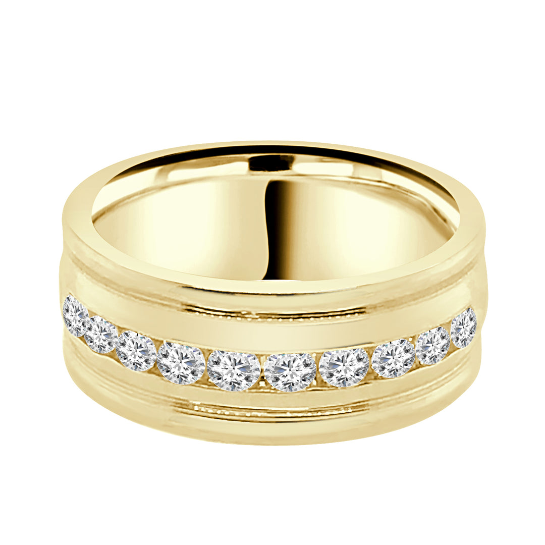 Dazzling Beveled 14 Karat Yellow Gold Wedding Band with Natural Diamond Accent