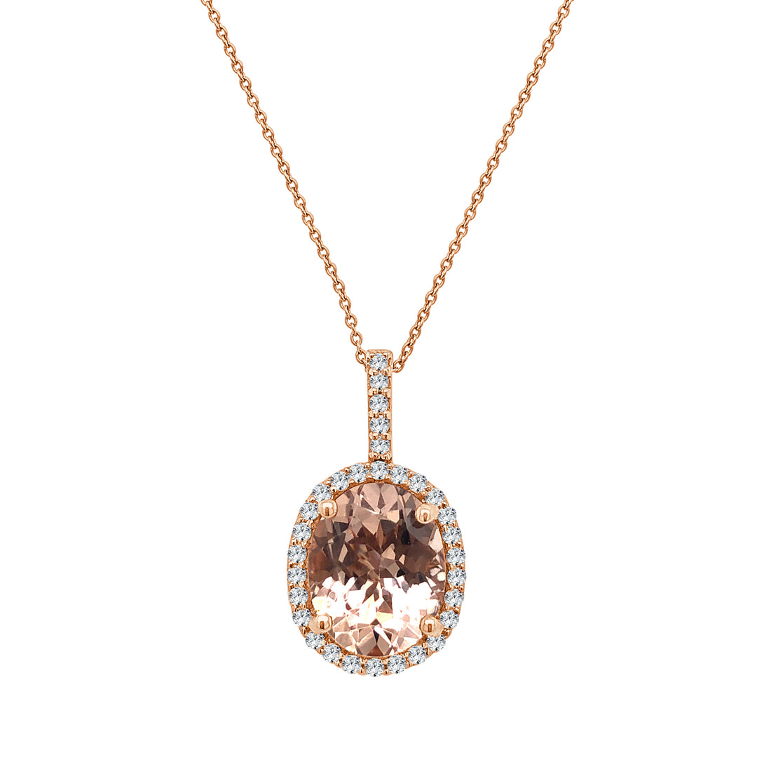 Morganite Halo Necklace in 14 Karat Rose Gold - Oval Shape, 3.19 Carats