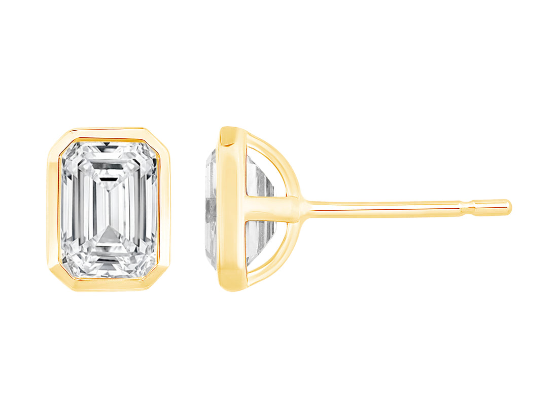 Emerald Shape 2.08ct Lab Diamond Solitaire Studs in 14K Yellow Gold Bezel Setting