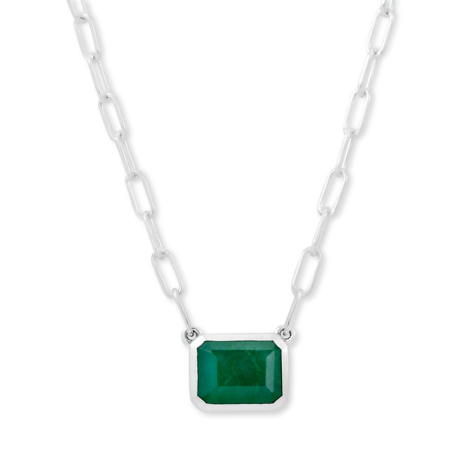 Emerald Elegance: Sterling Silver Emerald Cut Solitaire Necklace