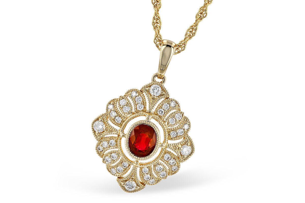 Fancy Vintage Halo Oval Ruby Necklace - 14 Karat Yellow Gold, 0.45 Carat