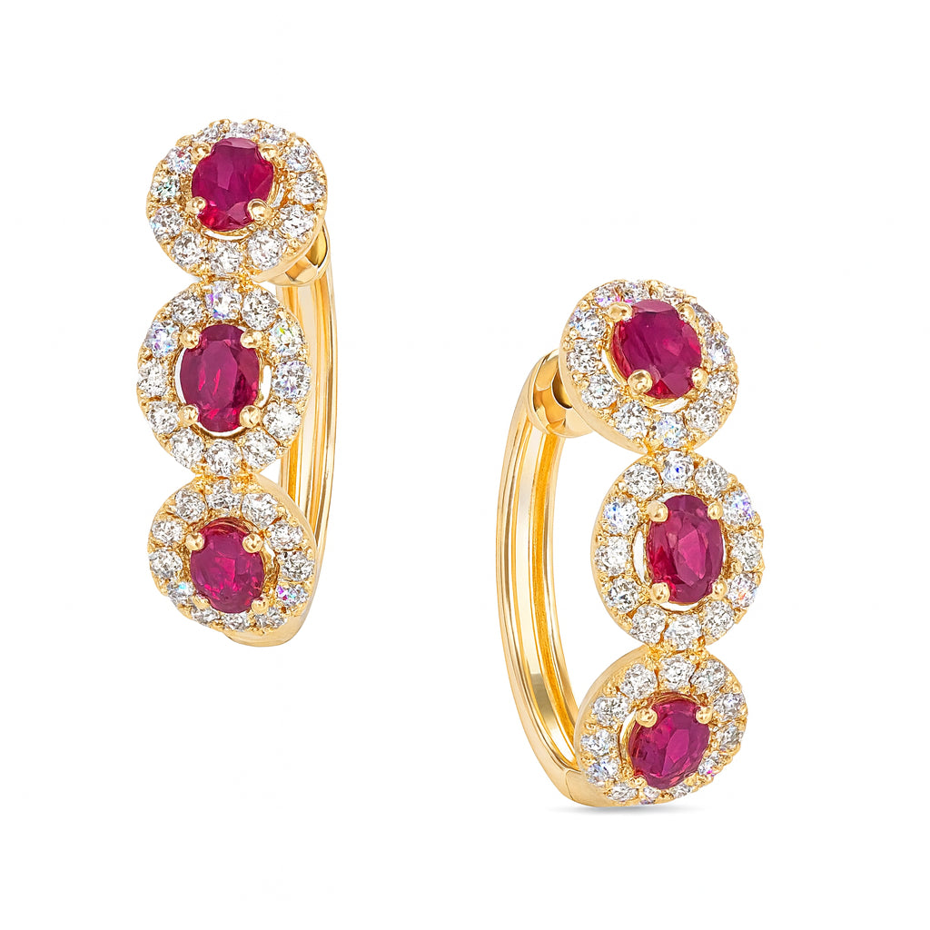 14K Yellow Gold Hoop Earrings with Ruby and Diamond Accents