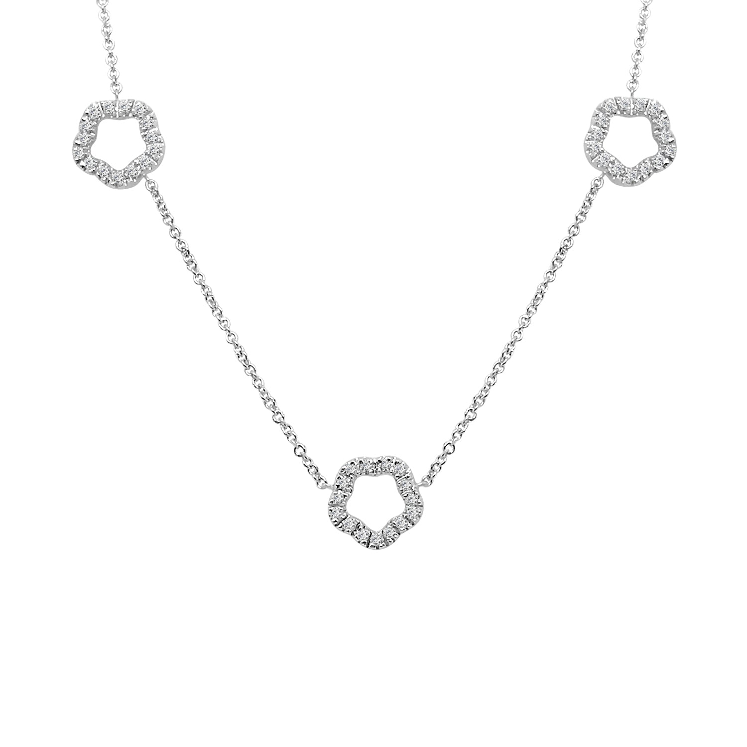 Three-Stone Natural Diamond Necklace in 14 Karat White Gold