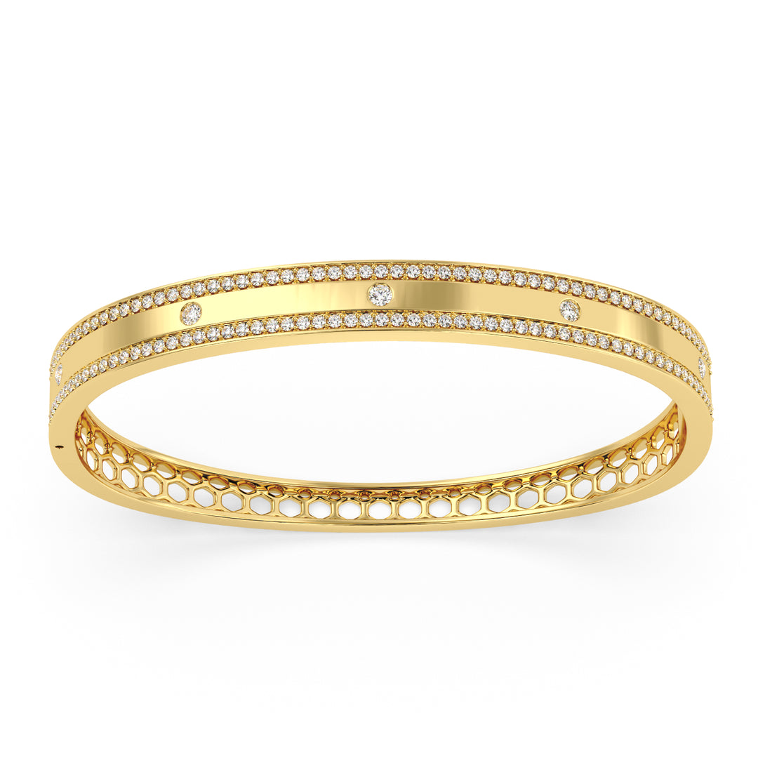 Dazzling 14 Karat Yellow Gold Bangle with Wide Diamond Accent and Natural Diamonds