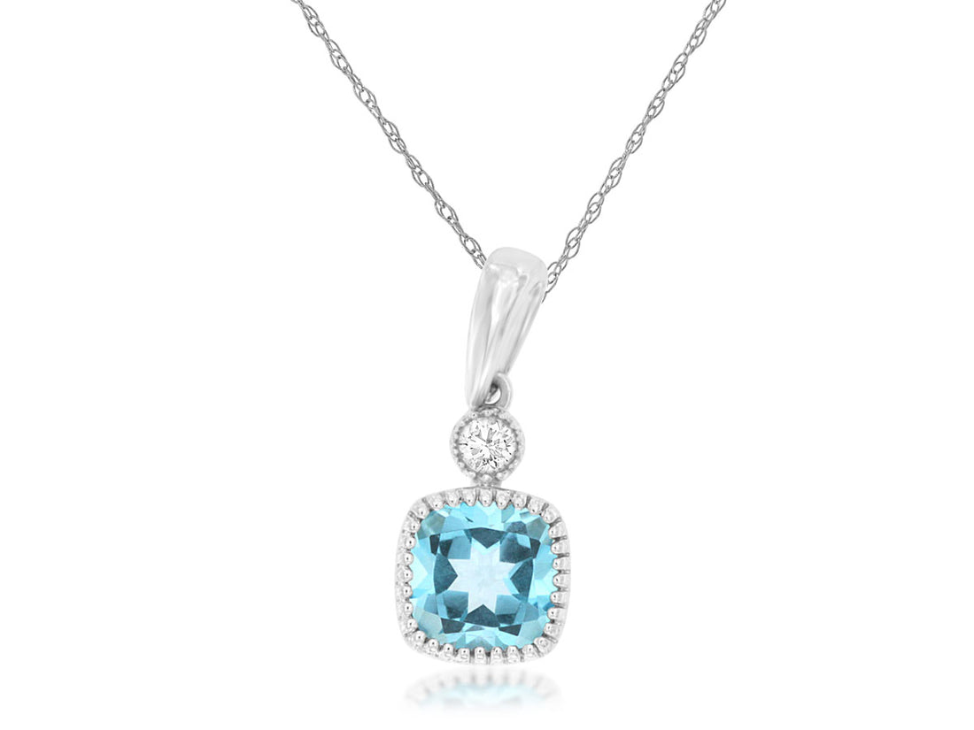 14K White Gold Blue Topaz and Diamond Pendant Necklace - Cushion Shape 0.64 ct