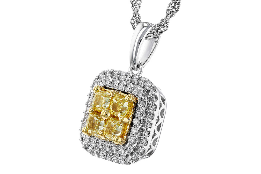 14K Two-Tone Round Shape Yellow Diamond Pendant with Diamond Halo Necklace