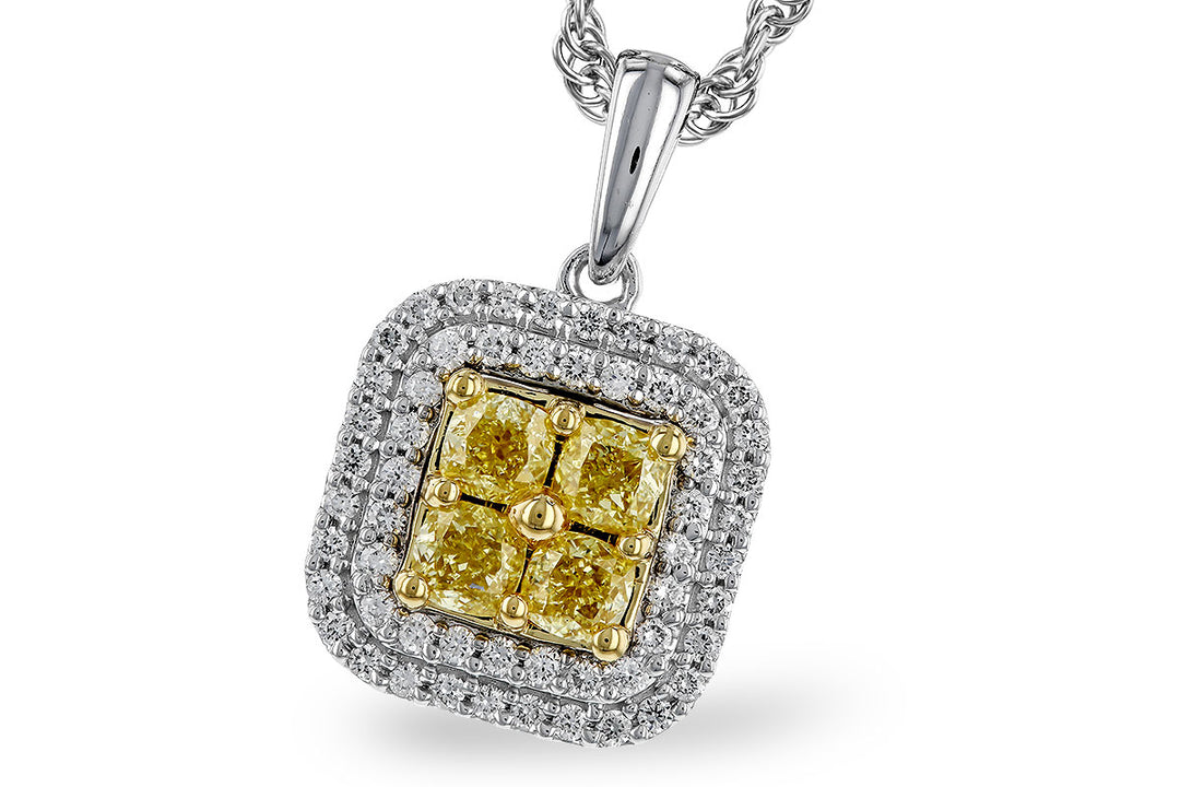 14K Two-Tone Round Shape Yellow Diamond Pendant with Diamond Halo Necklace