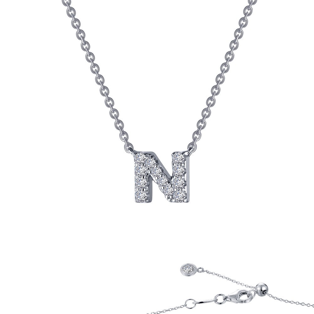 Block Letter N Platinum Coated Sterling Silver Necklace with Lassaire Shape - 0.41 Carat