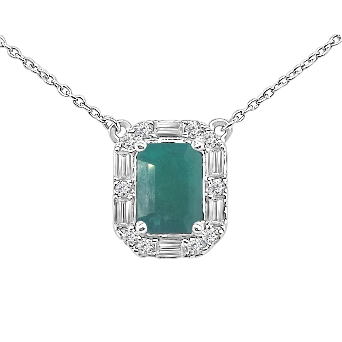 1.00 Emerald Alt Rd &amp; Baguette Halo Necklace in 14 Karat White Gold