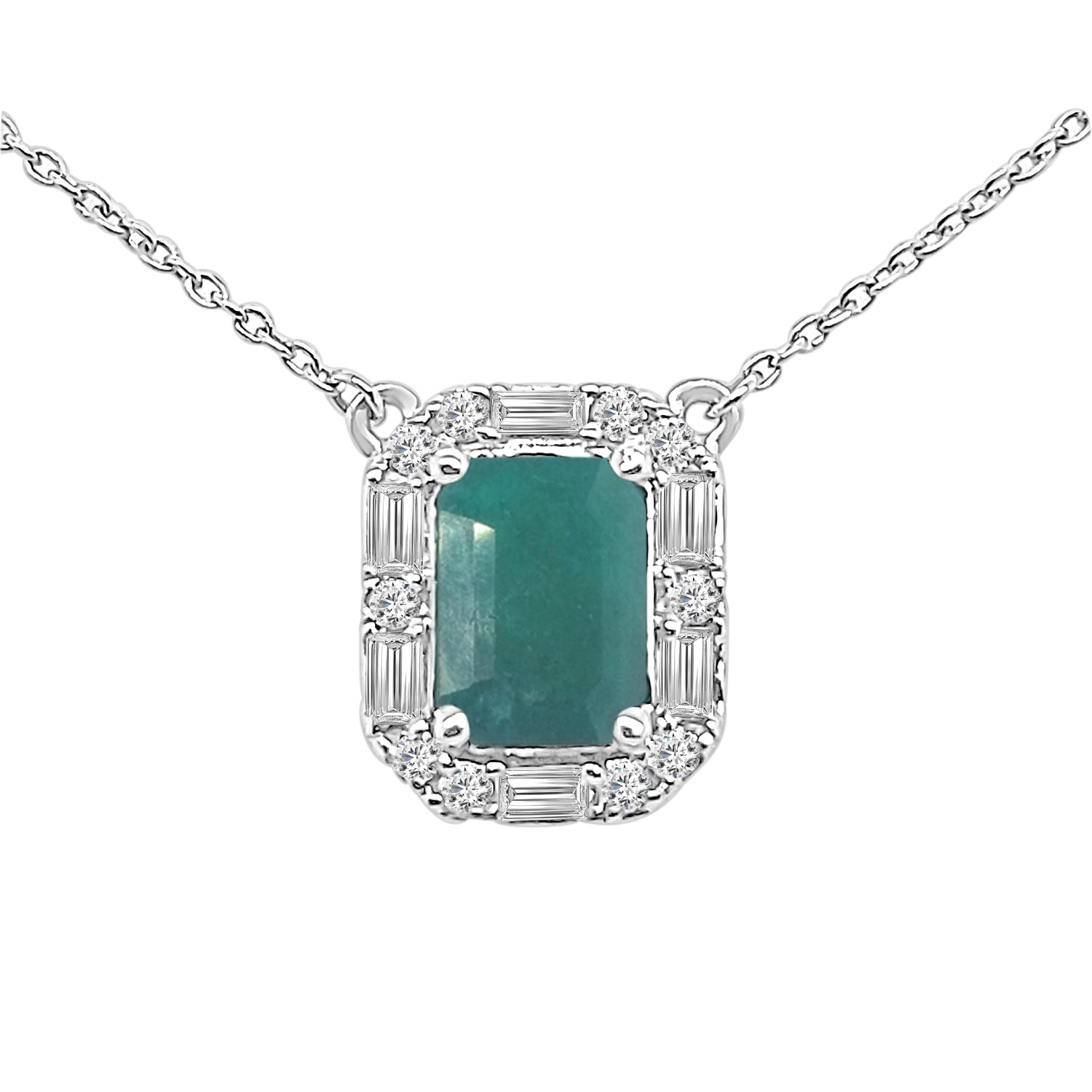 14K White Gold Emerald Alt Rd &amp; Baguette Halo Necklace - 1.00 Karat