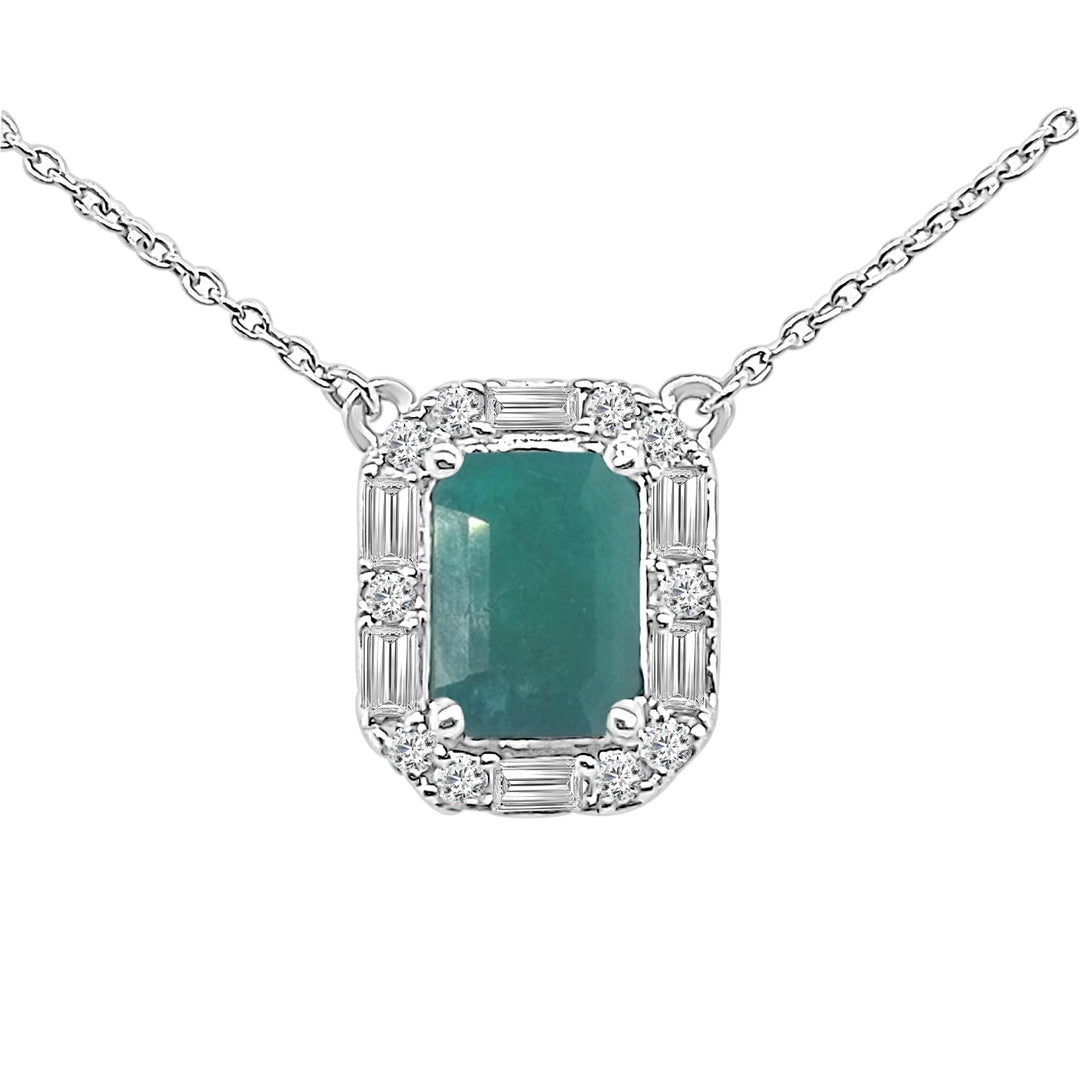 Emerald Halo Necklace in 14 Karat White Gold with Alt Rd & Baguette Emeralds