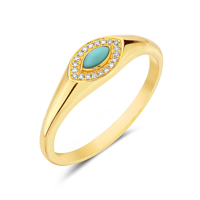 Marquise Halo Signet Turquoise Ring in 14 Karat Yellow Gold - 0.08 Carat