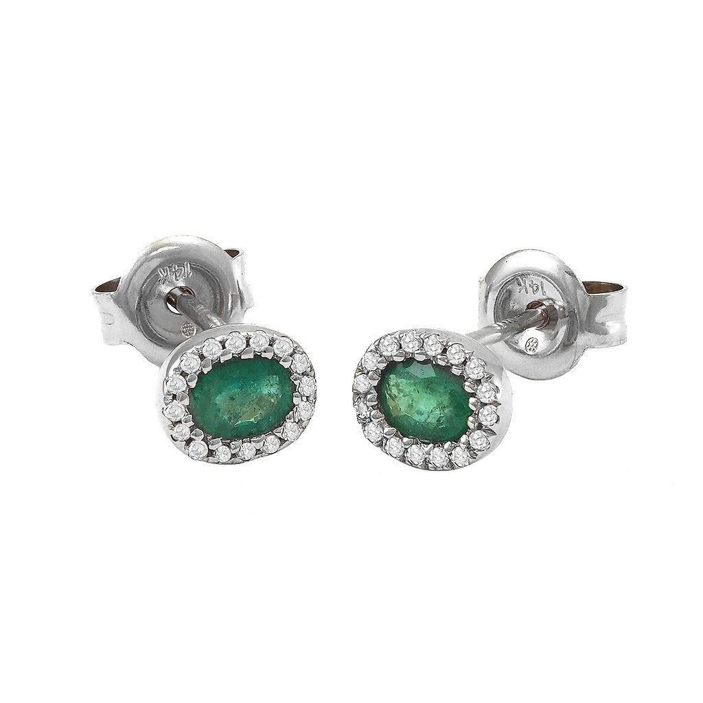 Emerald Halo Stud Earrings in 14 Karat White Gold, Oval Shape, 0.45 ct