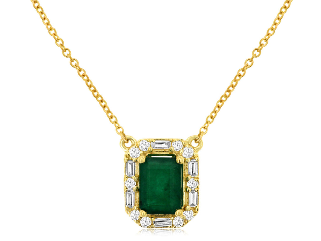 14 Karat Yellow Gold Emerald Stationary Halo Necklace with Natural Diamond Cable Chain