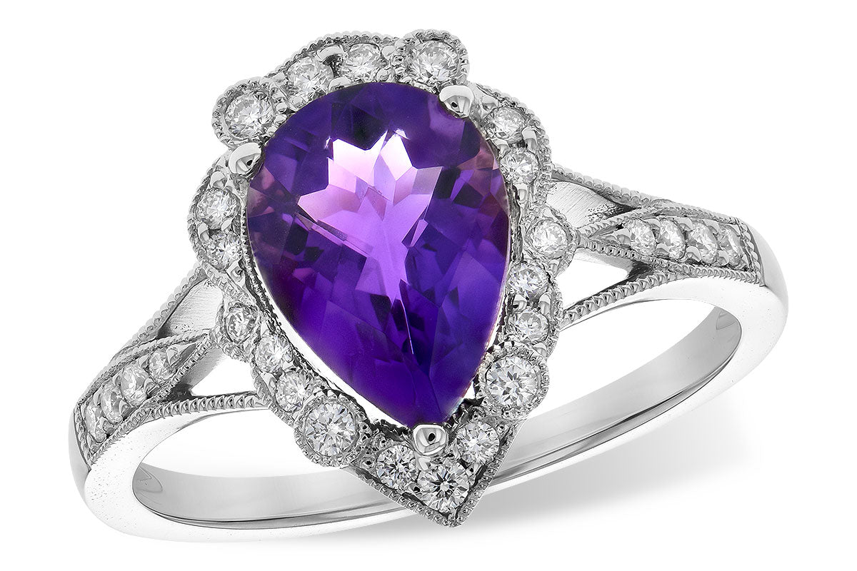 Vintage Pear Halo Amethyst Ring in 14 Karat White Gold - 1.53 Carat