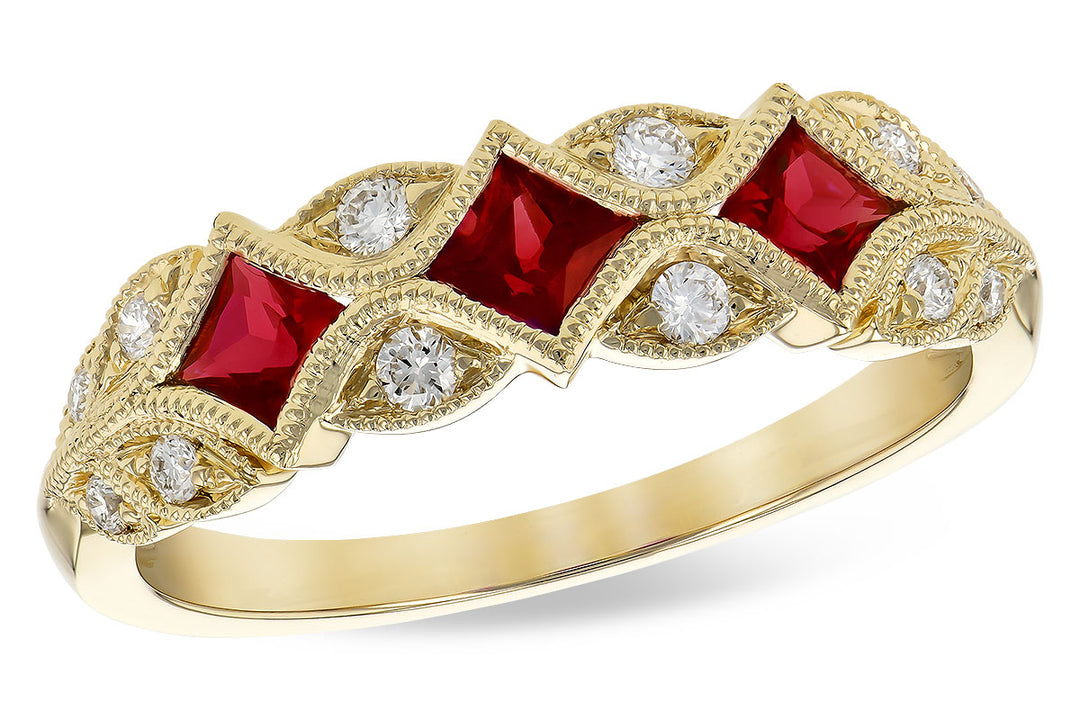 Vintage Three Stone Ruby Ring in 14 Karat Yellow Gold, 0.55 Carat