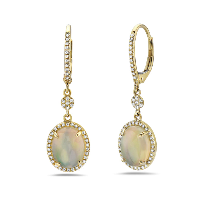 14 Karat Yellow Gold Oval Cabochon Halo Opal Earrings 2.05 ct