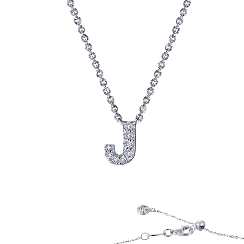 Platinum Coated Sterling Silver Block Letter J Necklace with Lassaire 0.34 Carat
