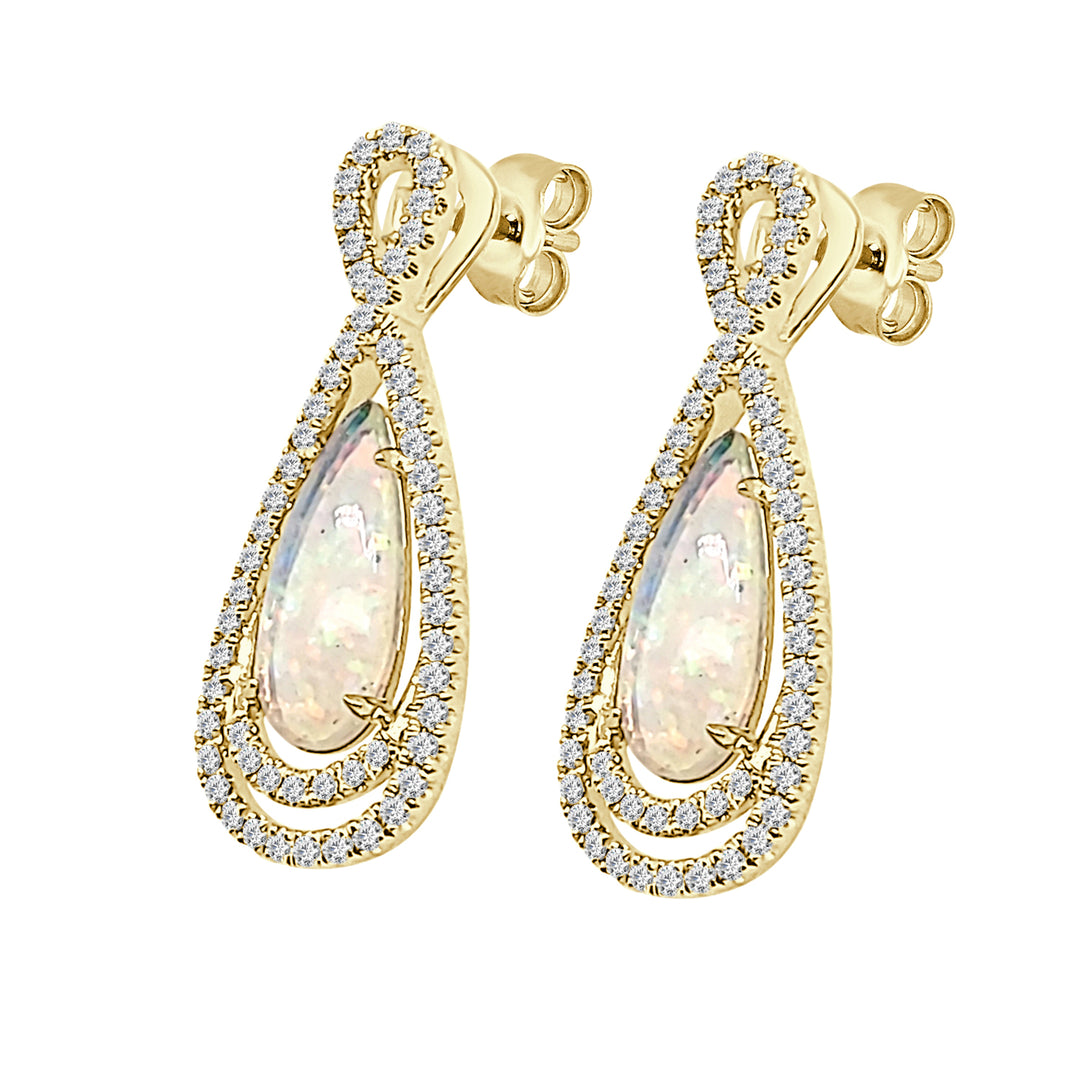 Opalescent Glow: 14 Karat Yellow Gold Teardrop Halo Necklace with Oval-Shaped Opal