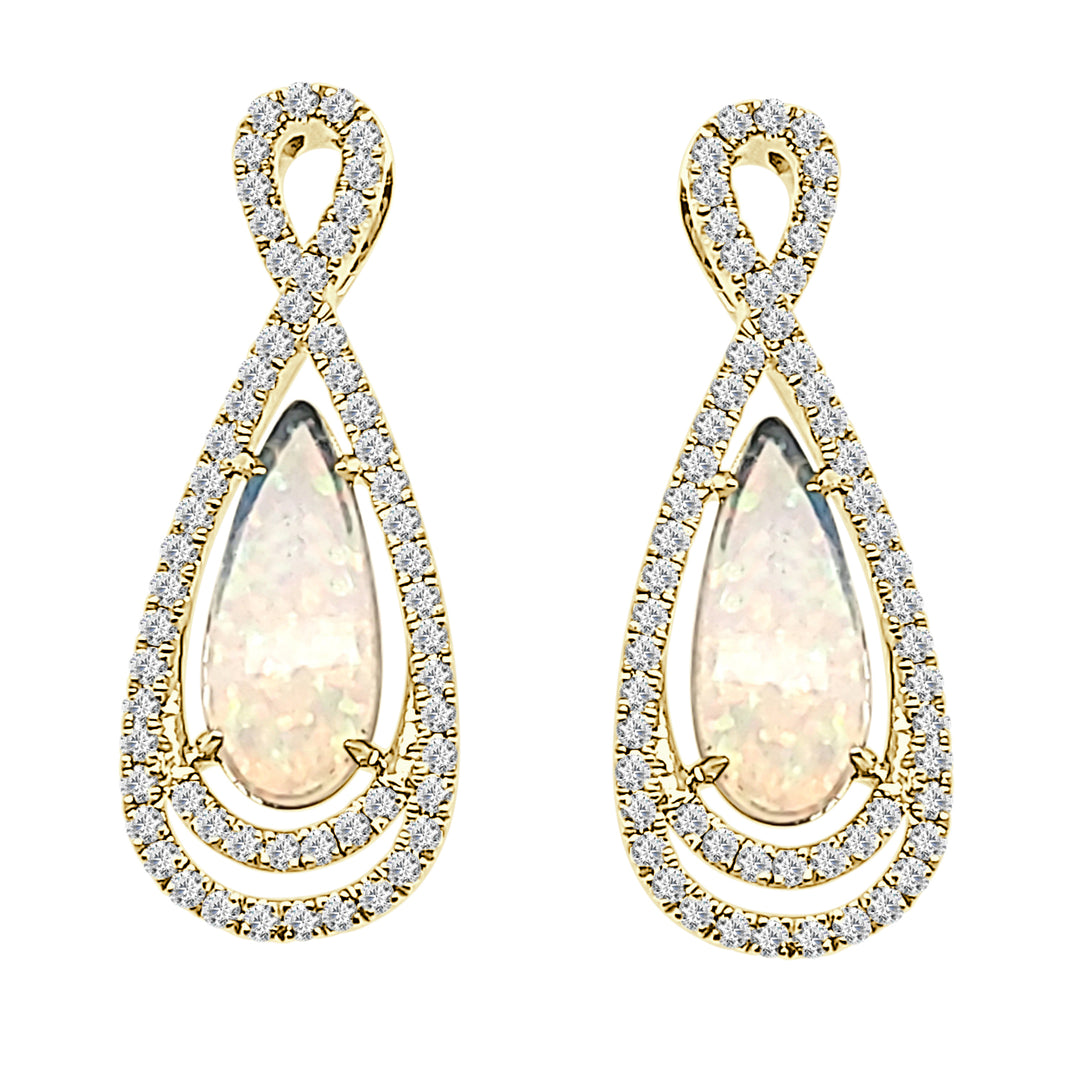 Opalescent Glow: 14 Karat Yellow Gold Teardrop Halo Necklace with Oval-Shaped Opal