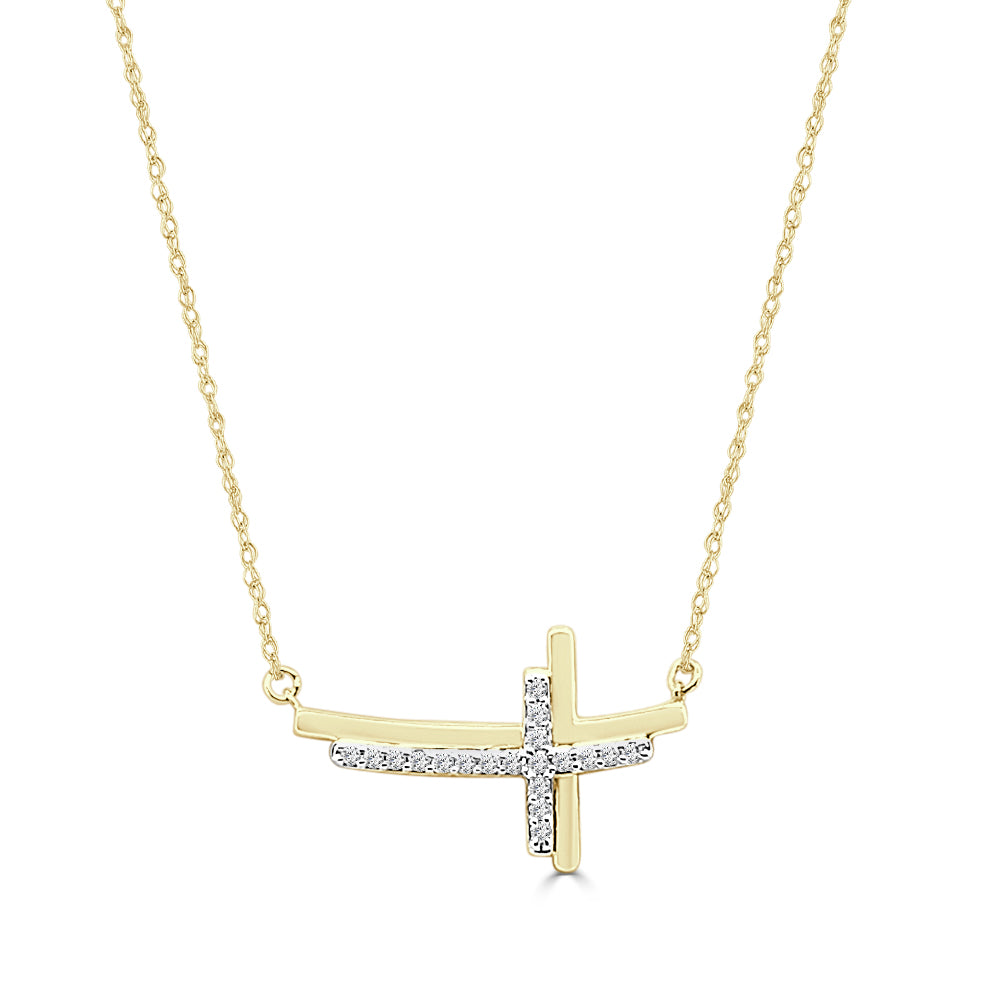 10 Karat Yellow Gold Natural Diamond Horizontal Cross Necklace with 0.10 Carat Round Shape