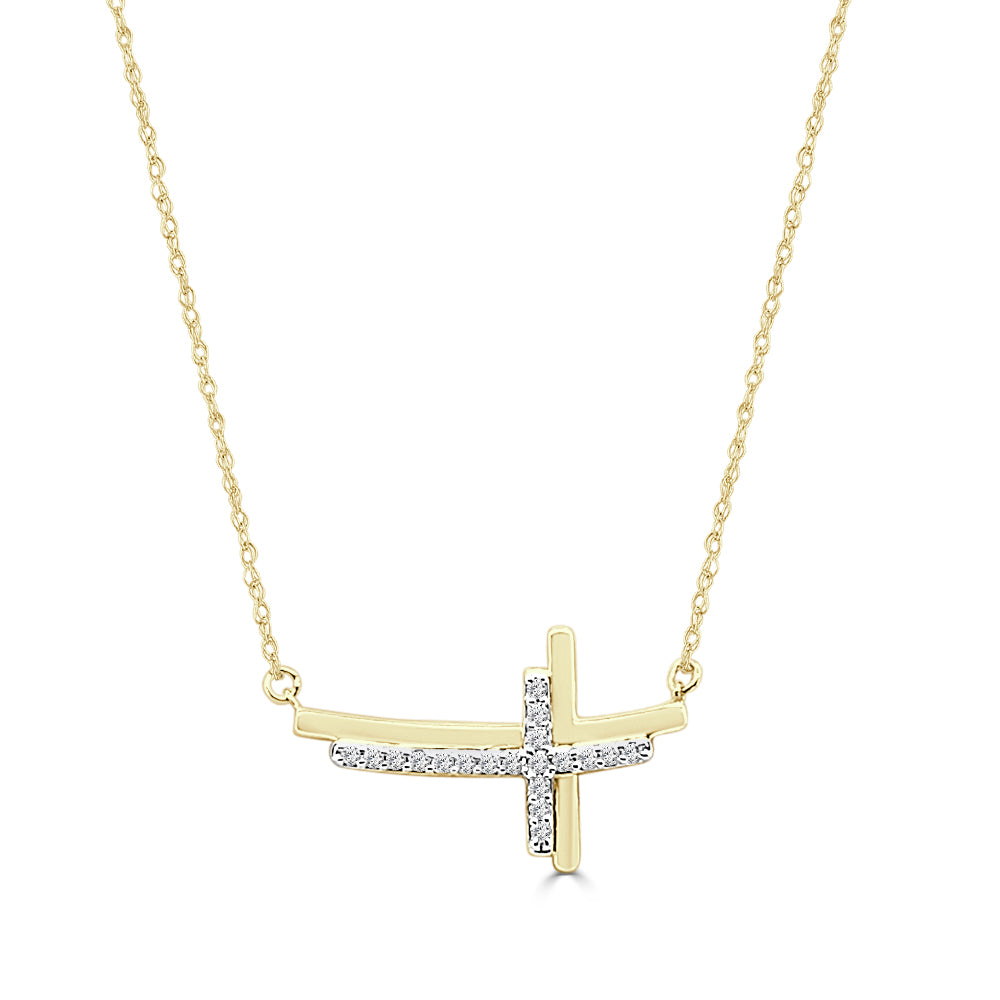 10K Yellow Gold Horizontal Round Diamond Cross Necklace, 0.10 Carat