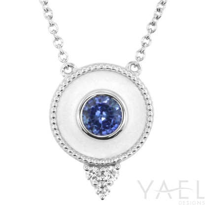 Regalia White Enamel Rd Halo Necklace in 14 Karat White Gold with Blue Sapphire 0.45