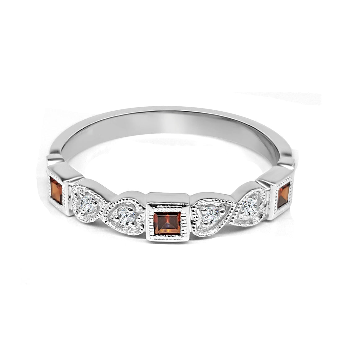 Milgrain Heart Garnet Ring in 10 Karat White Gold - 0.16 Carat