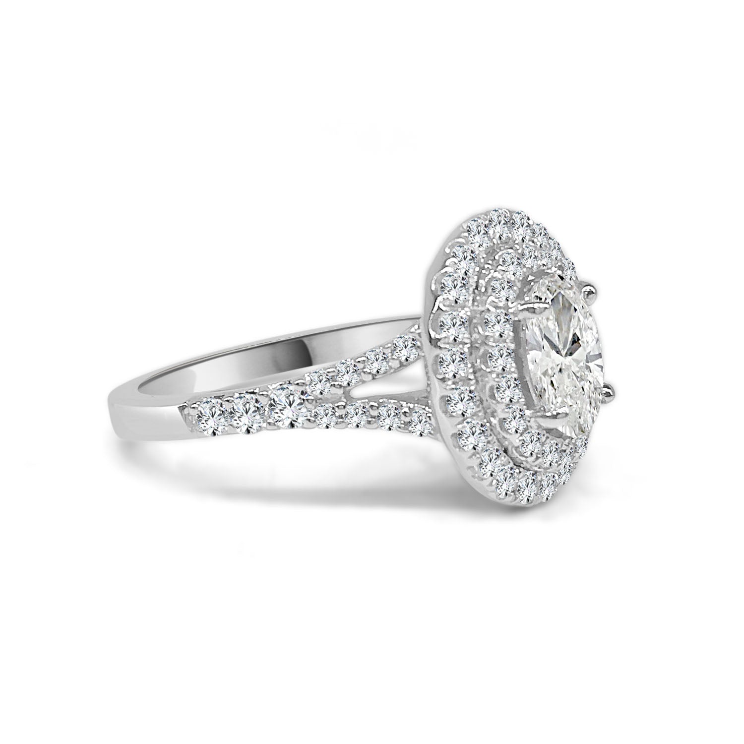 14 Karat White Gold Oval Double Halo Engagement Ring with 0.73 Carat Natural Diamond in Oval Shape