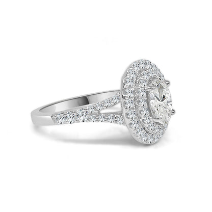 14 Karat White Gold Oval Double Halo Engagement Ring with 0.73 Carat Natural Diamond in Oval Shape