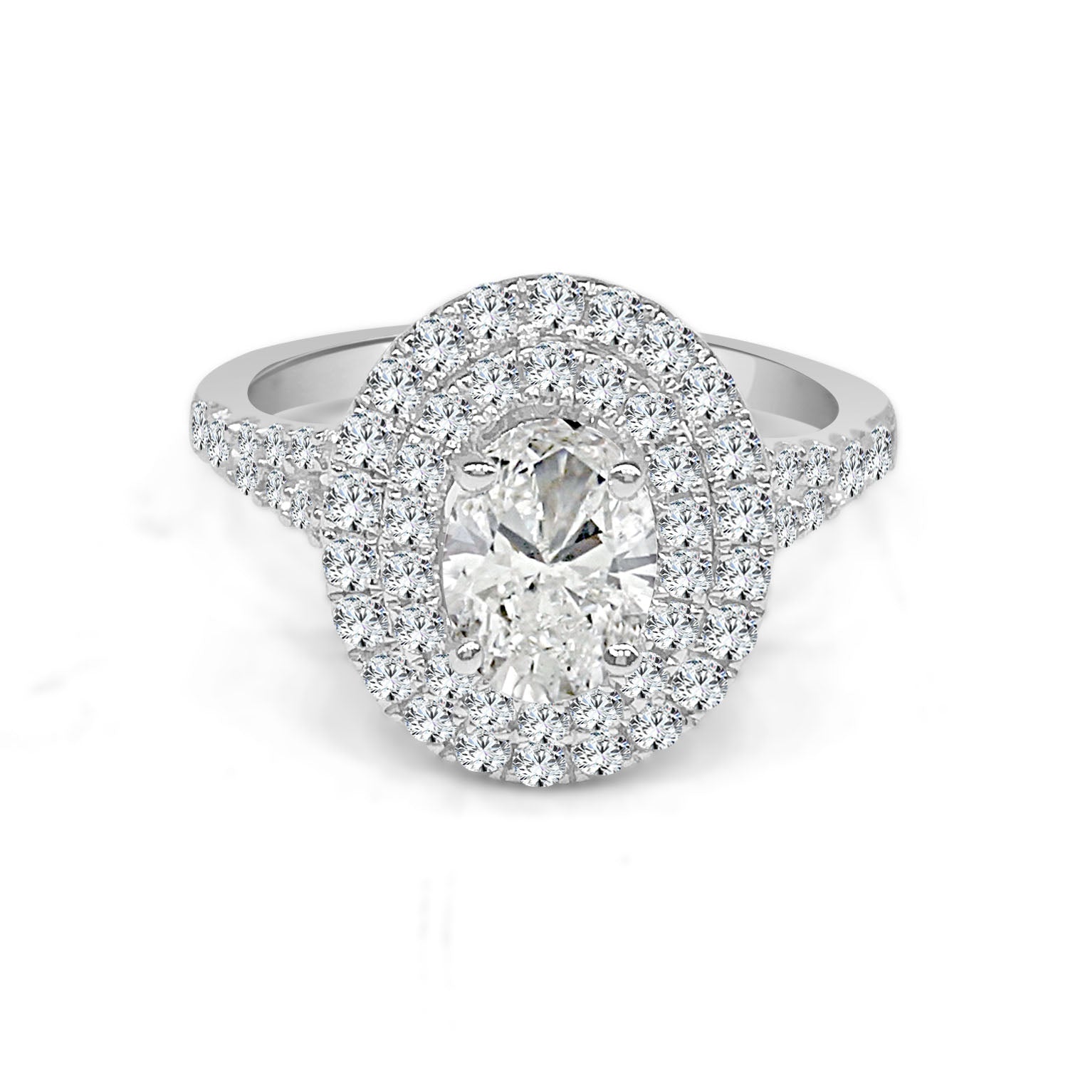 14 Karat White Gold Oval Double Halo Engagement Ring with 0.73 Carat Natural Diamond in Oval Shape