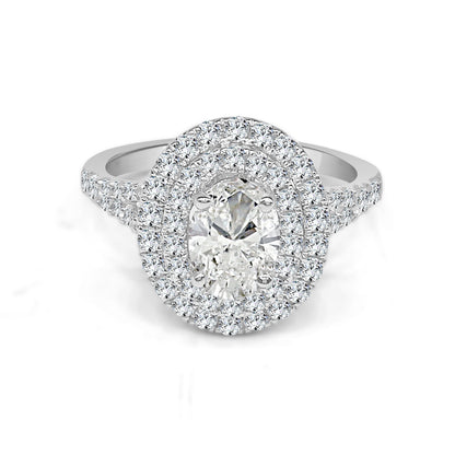 14 Karat White Gold Oval Double Halo Engagement Ring with 0.73 Carat Natural Diamond in Oval Shape