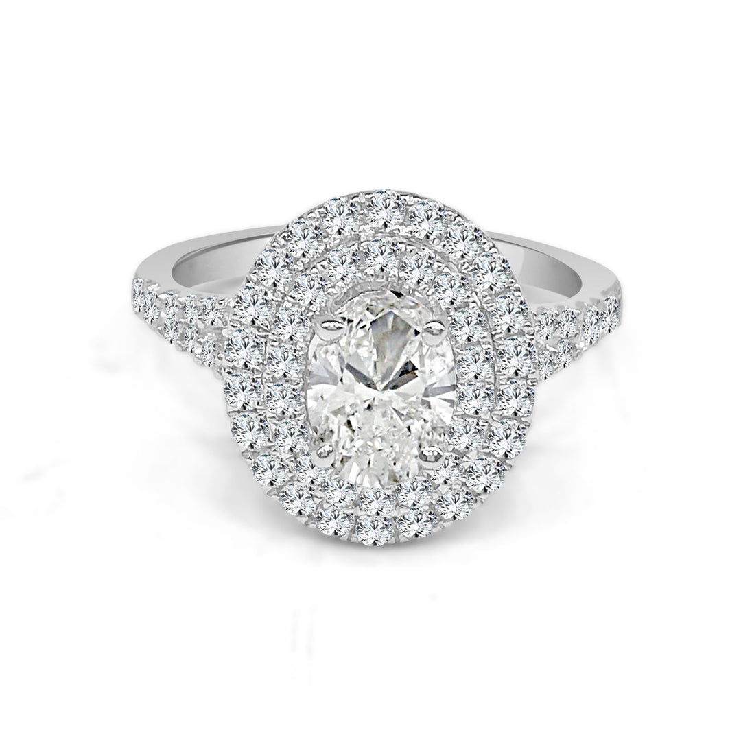 Oval Double Halo Engagement Ring in 14 Karat White Gold with Natural Diamond