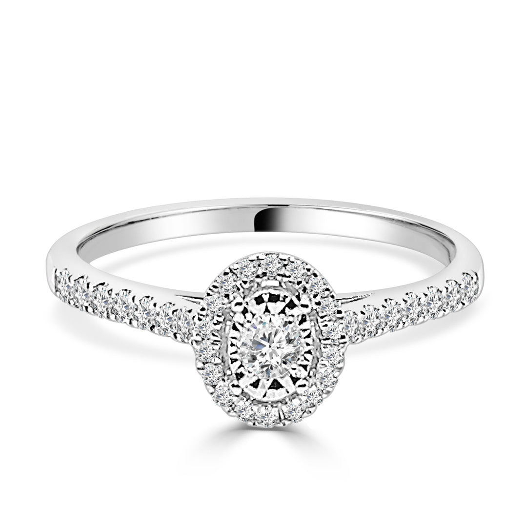 Dazzling Opulence: Oval Prong Set Engagement Ring in 14 Karat White Gold with Natural Diamond