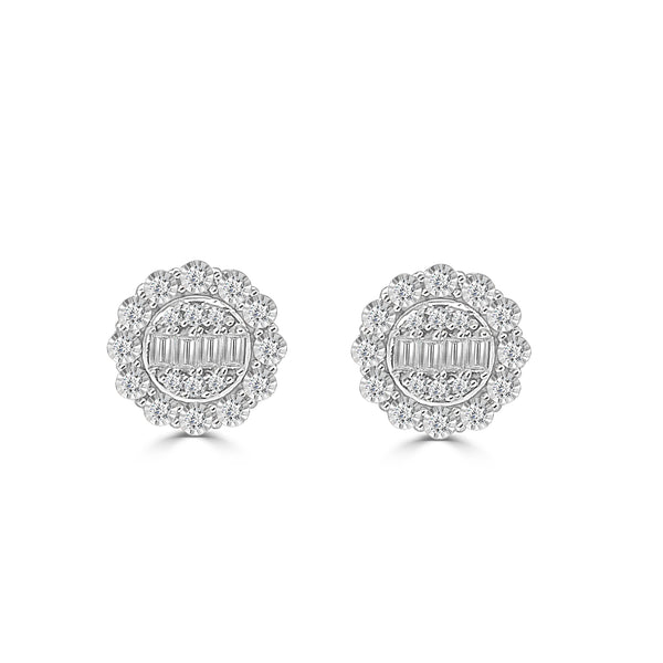 0.25 ct Natural Diamond Mosaic Round Studs With Halo Earrings in 14K White Gold